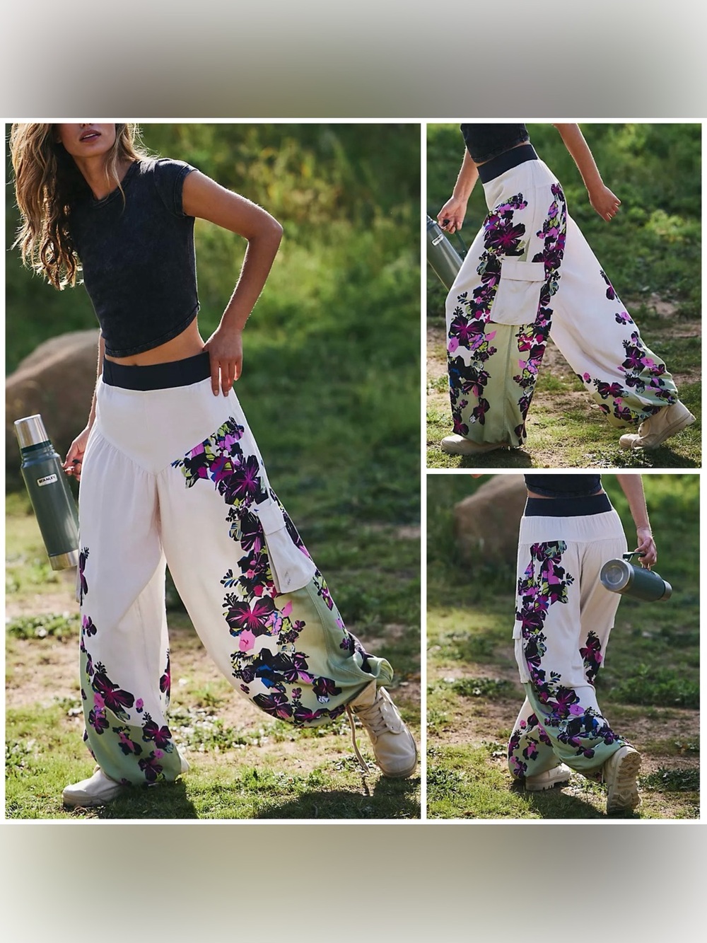 NWOT Free People FP Movement Final Stretch Printed Pants - ivory floral - Large
